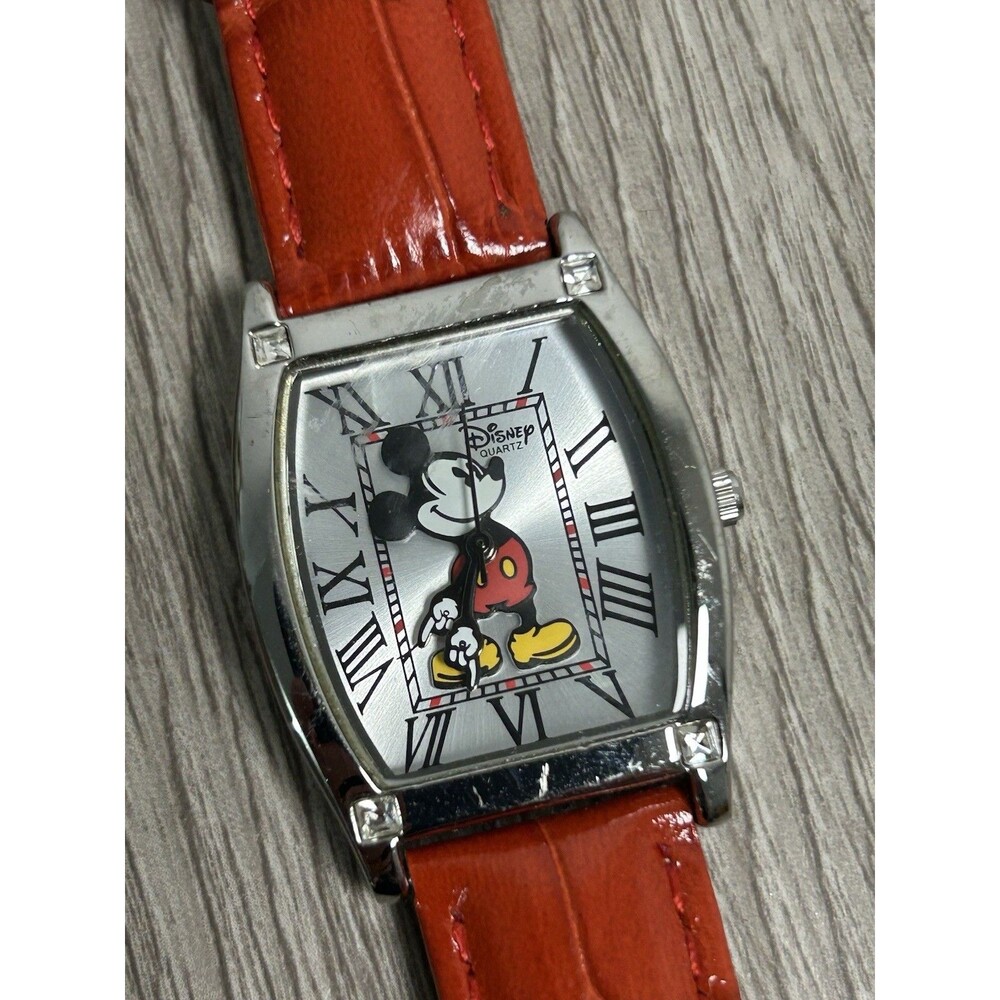 Disney Mickey Mouse Watch Womens 3D Mickey Roman Numerals Red Band UNTESTED